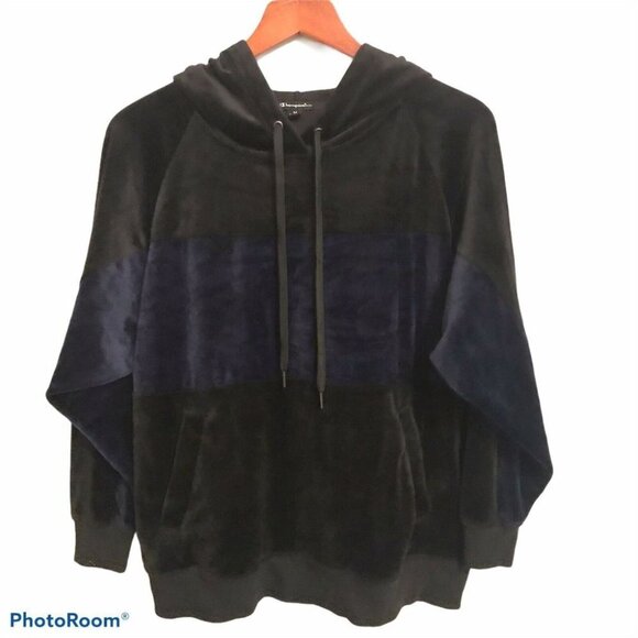 Champion Elite Velour Hoodie Sweatshirt Medium Black Navy Blue Color blo… - Picture 2 of 8